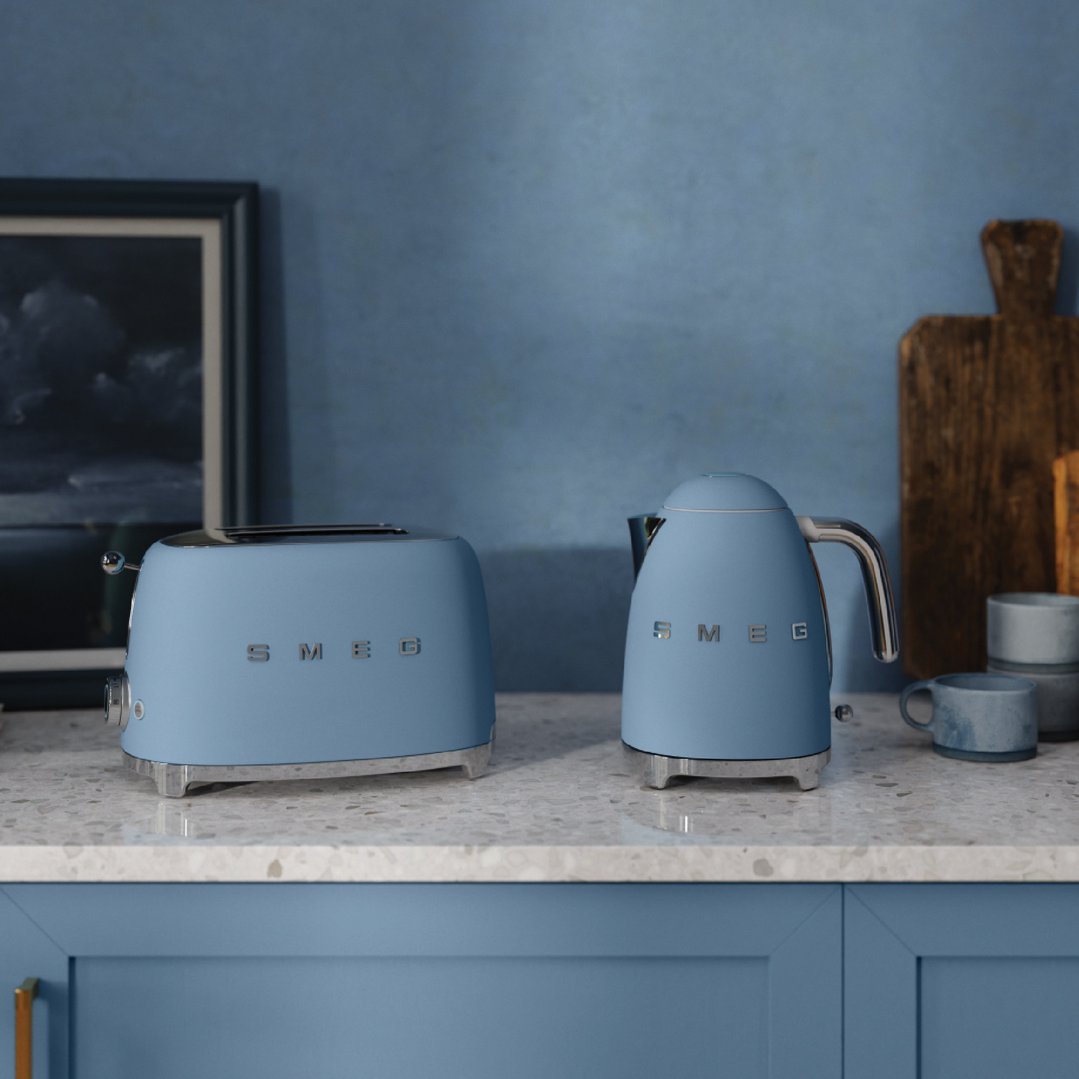 SMEG 50's Style 2 Slice Toaster and kettle on a kitchen counter