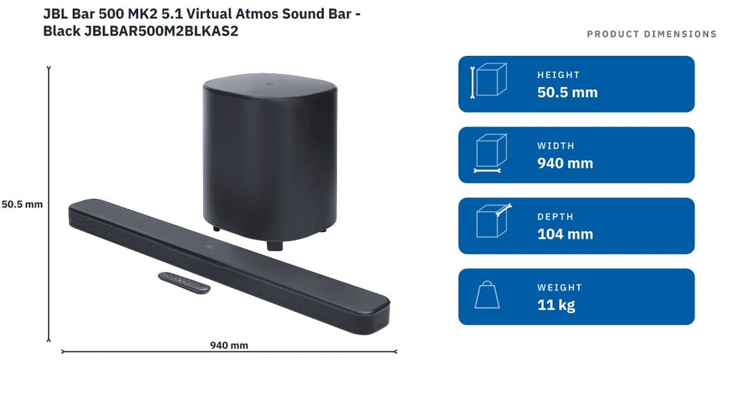 JBL Bar 500 MK2 5.1 Virtual Atmos Sound Bar - Black JBLBAR500M2BLKAS2 — product dimensions