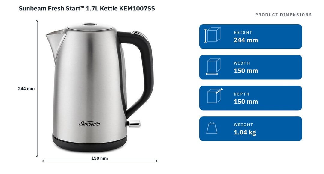Sunbeam Fresh Start™ 1.7L Kettle KEM1007SS — product dimensions