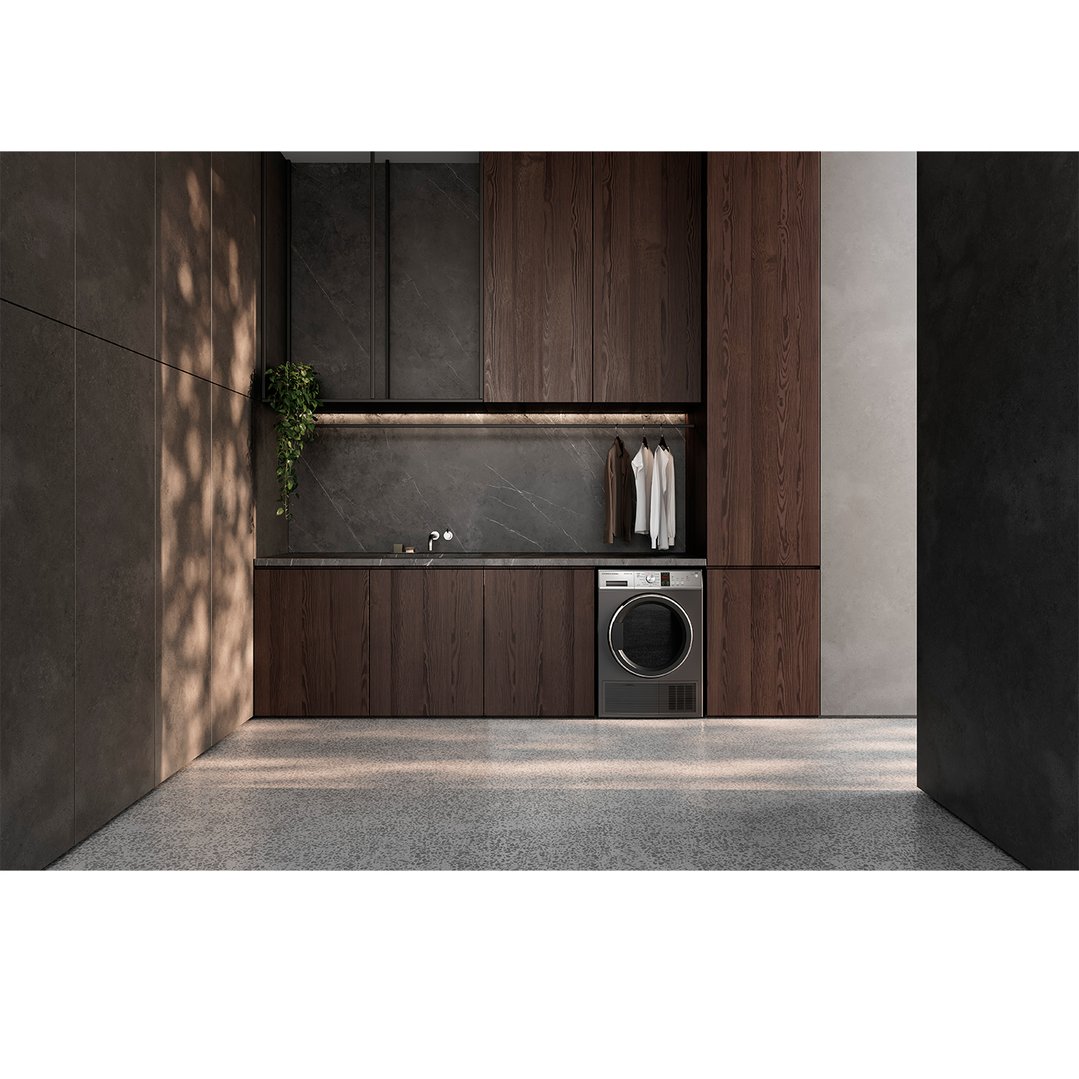9kg heat pump dryer in a modern laundry room with dark wood cabinetry