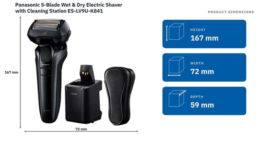 Panasonic 5-Blade Wet & Dry Electric Shaver with Cleaning Station ES-LV9U-K841 — product dimensions