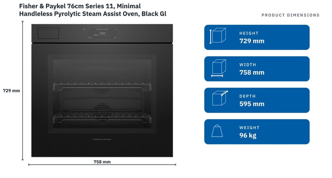 Fisher & Paykel 76cm Series 11, Minimal Handleless Pyrolytic Steam Assist Oven, Black Glass OB76SMPSUNB3 — product dimensions