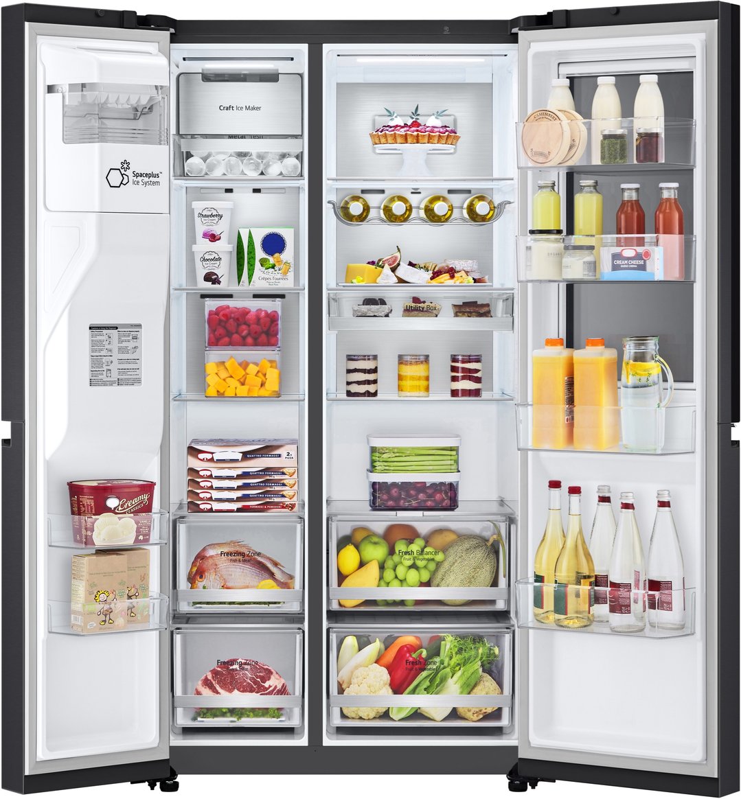 Open LG side by side fridge with food and drinks on shelves and in drawers