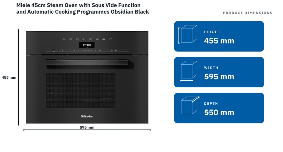 Miele 45cm Steam Oven with Sous Vide Function and Automatic Cooking Programmes Obsidian Black DG7440OBSW — product dimensions