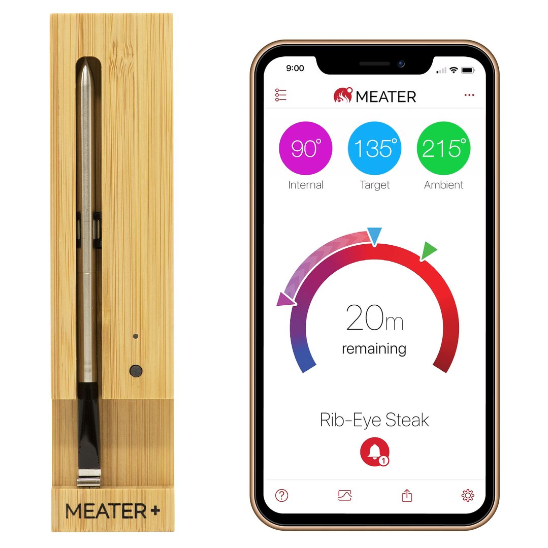 A MEATER meat probe and a smartphone displaying the MEATER app interface