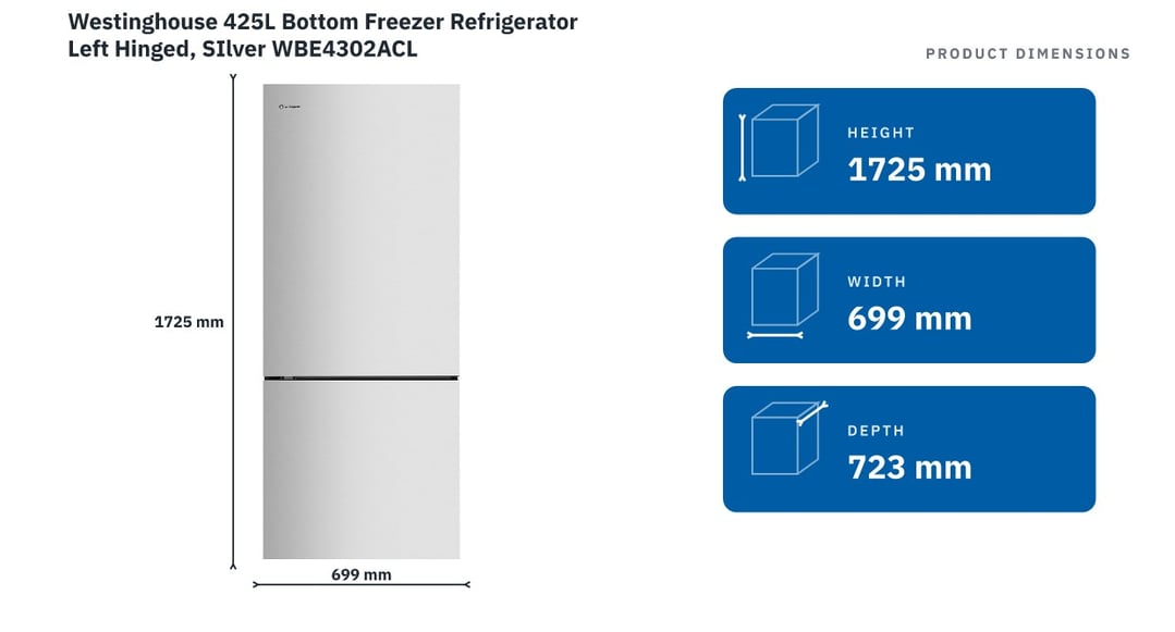Westinghouse 425L Bottom Freezer Refrigerator Left Hinged, SIlver WBE4302ACL