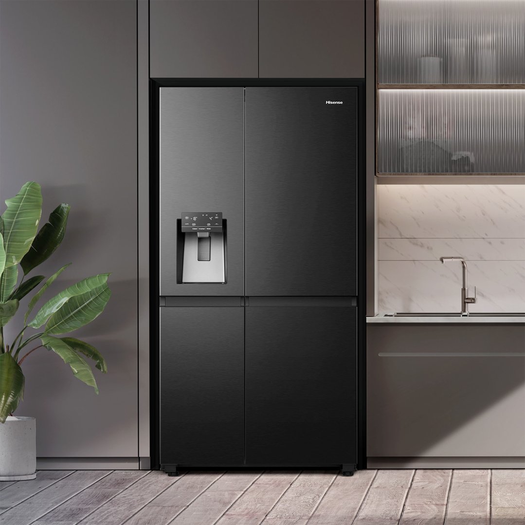 Black side by side fridge in a modern kitchen with a plant