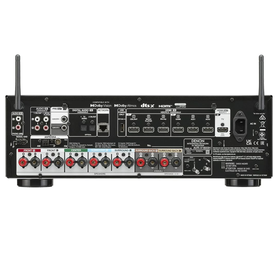 Denon 8K video and 3D audio 7.2-channel AVR Receiver. AVRX1800HBKEA