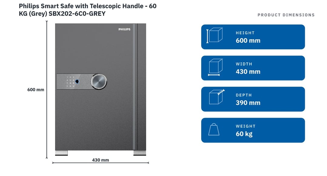 Philips Smart Safe with Telescopic Handle - 60 KG (Grey) SBX202-6C0-GREY — product dimensions
