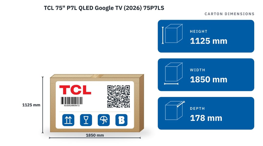 TCL 75" P7L QLED Google TV (2026) 75P7LS — packaged dimensions