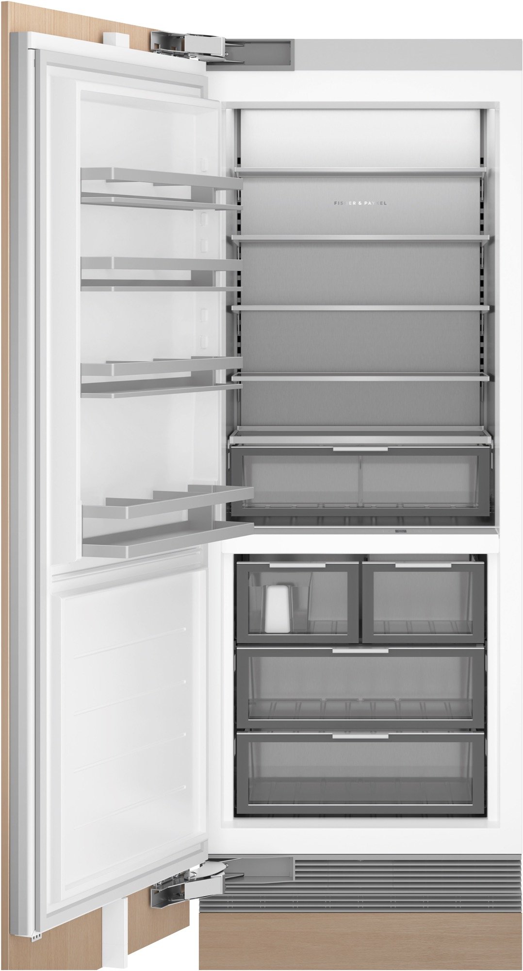 Open integrated freezer with shelves and drawers in a wooden cabinet
