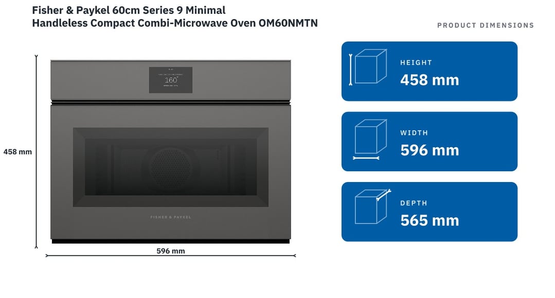 Fisher & Paykel 60cm Series 9 Minimal Handleless Compact Combi-Microwave Oven OM60NMTNG1 — product dimensions
