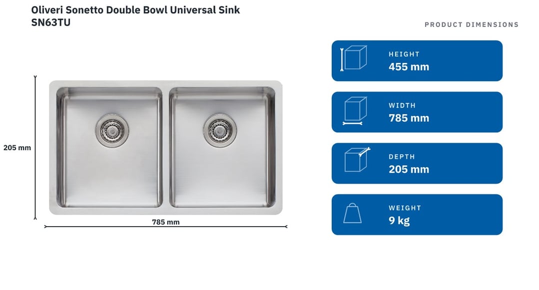 Oliveri Sonetto Double Bowl Universal Sink SN63TU — product dimensions
