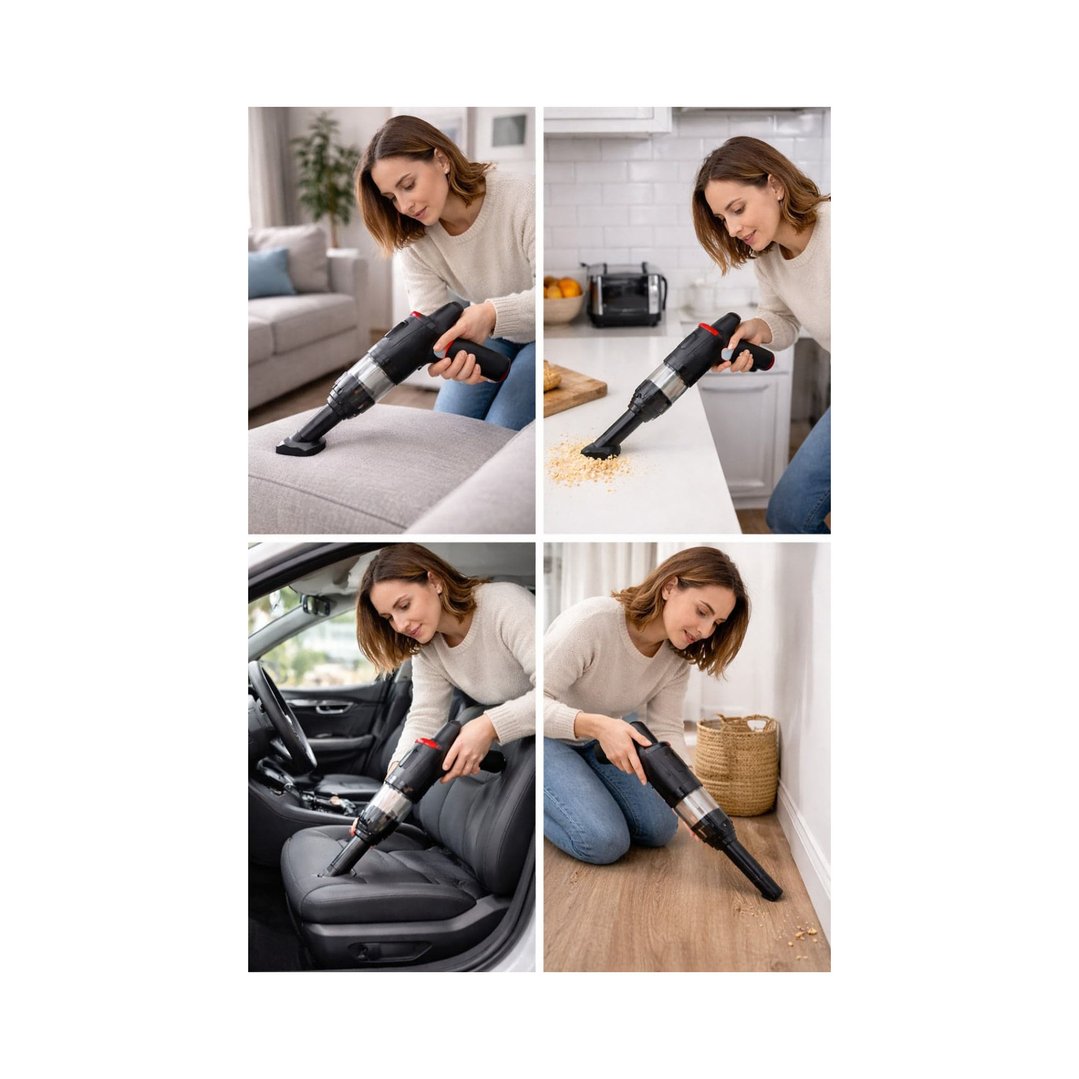 Four lifestyle shots of a woman using a handheld vacuum cleaner in different settings