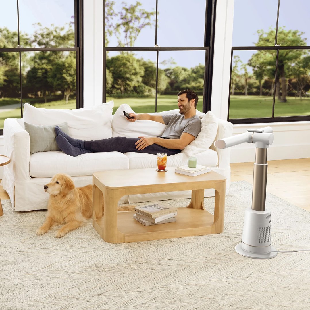 A man relaxing on a sofa with a fan nearby and a dog on the rug