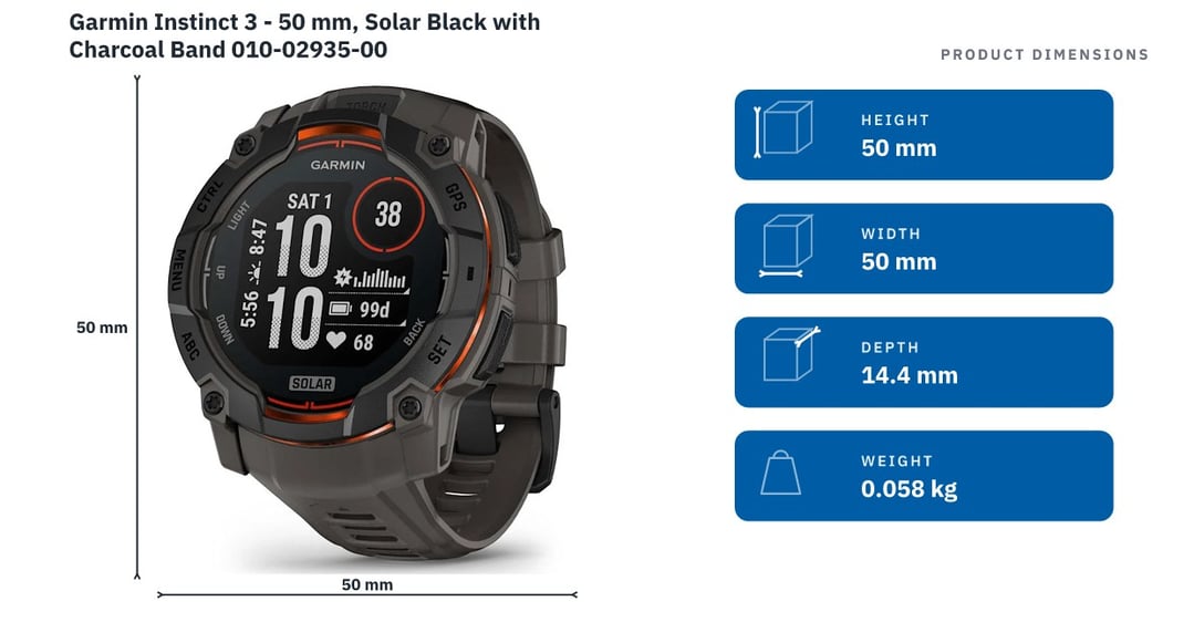 Garmin Instinct 3 - 50 mm, Solar Black with Charcoal Band 010-02935-00 — product dimensions