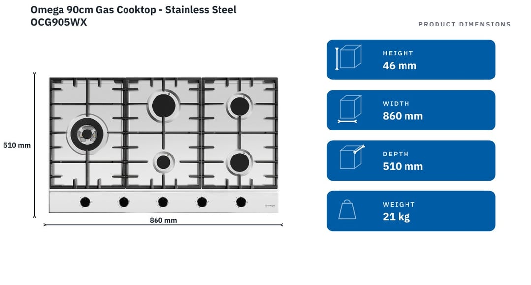 Omega 90cm Gas Cooktop - Stainless Steel OCG905WX — product dimensions