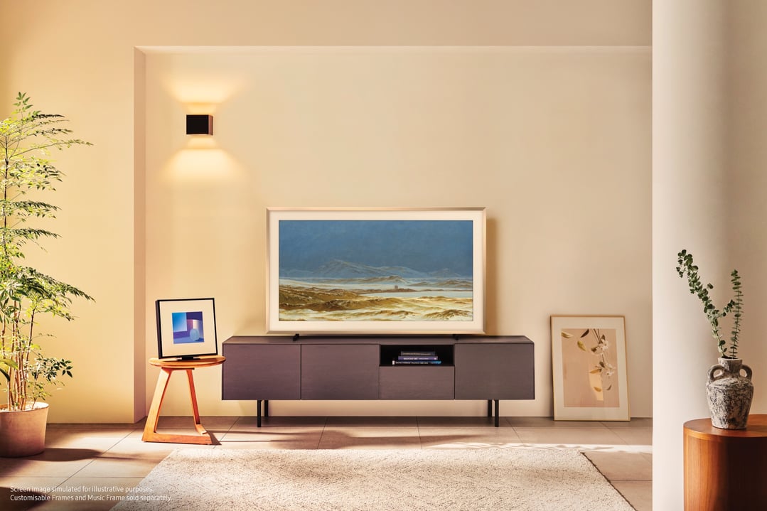 The Frame QLED 4K Smart TV displaying art in a modern living room