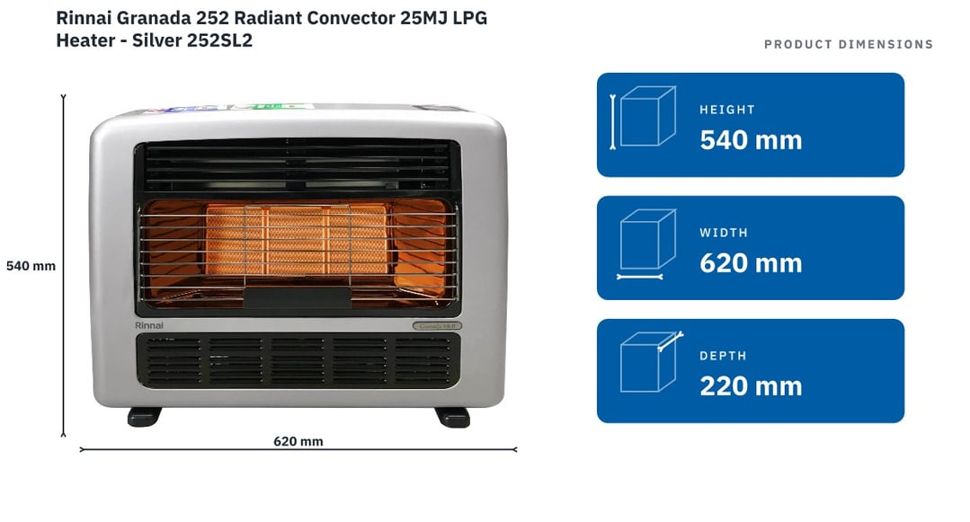 Rinnai Granada 252 Radiant Convector 25MJ LPG Heater - Silver 252SL2 — product dimensions