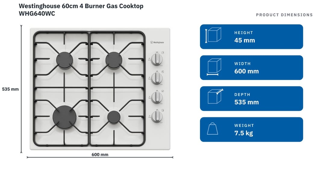 Westinghouse 60cm 4 Burner Gas Cooktop WHG640WC — product dimensions