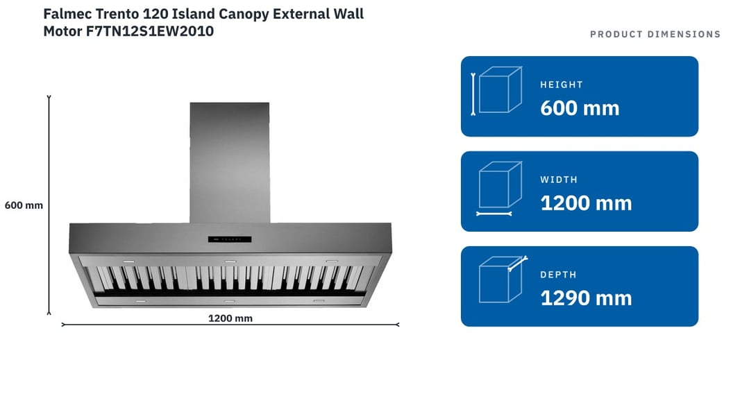 Falmec Trento 120 Island Canopy External Wall Motor F7TN12S1EW2010 — product dimensions