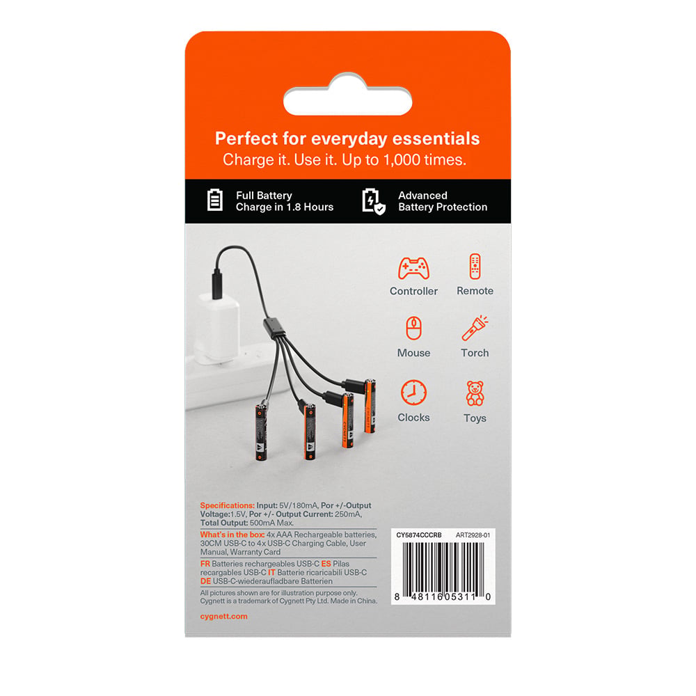 Cygnett AAA USB-C Rechargeable Battery - 4 Pack - Black CY5874CCCRB
