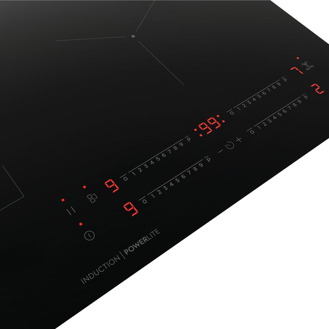 Close up of an induction cooktop with red digital displays showing numbers