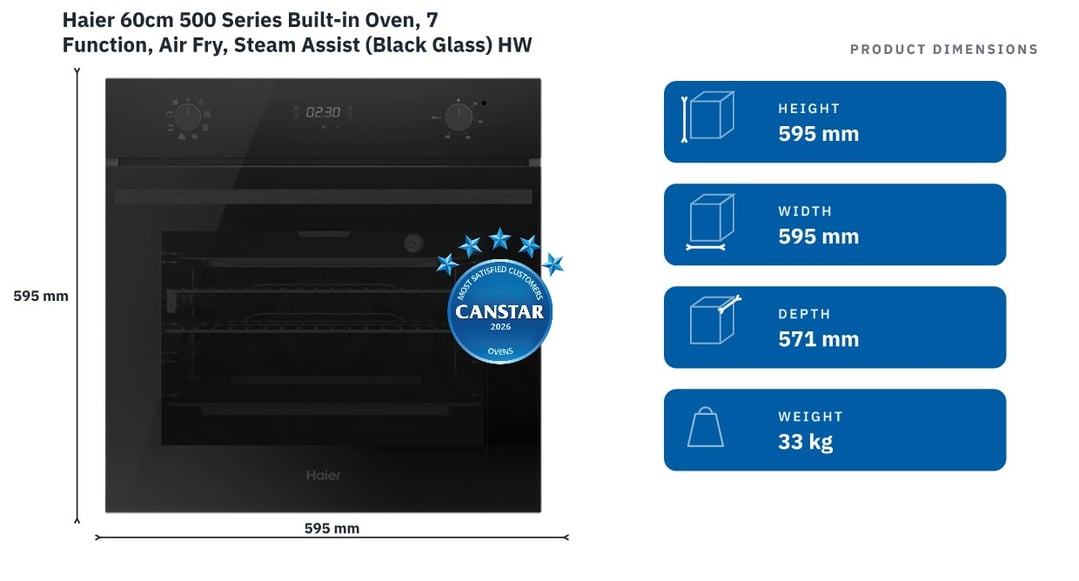 Haier 60cm 500 Series Built-in Oven, 7 Function, Air Fry, Steam Assist (Black Glass) HWO60S7EB5 — product dimensions