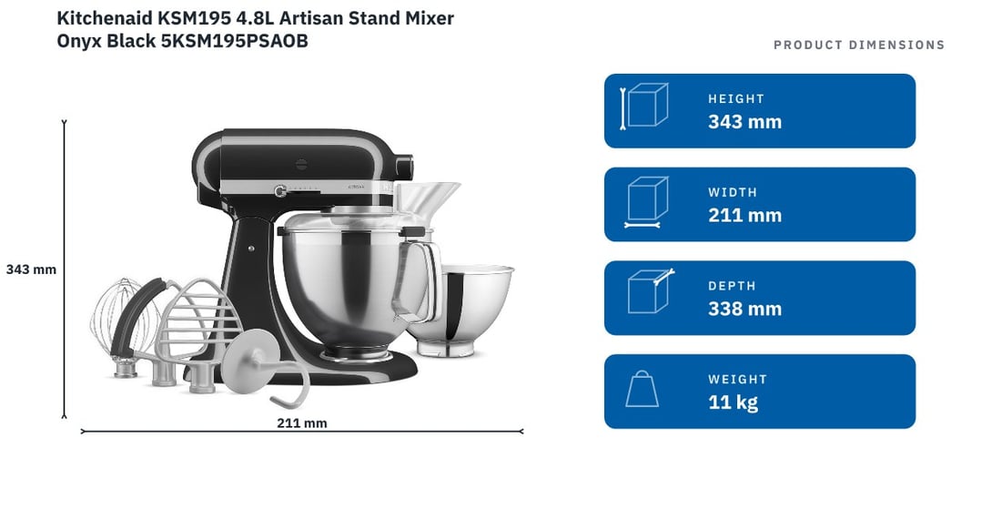 Kitchenaid KSM195 4.8L Artisan Stand Mixer Onyx Black 5KSM195PSAOB — product dimensions