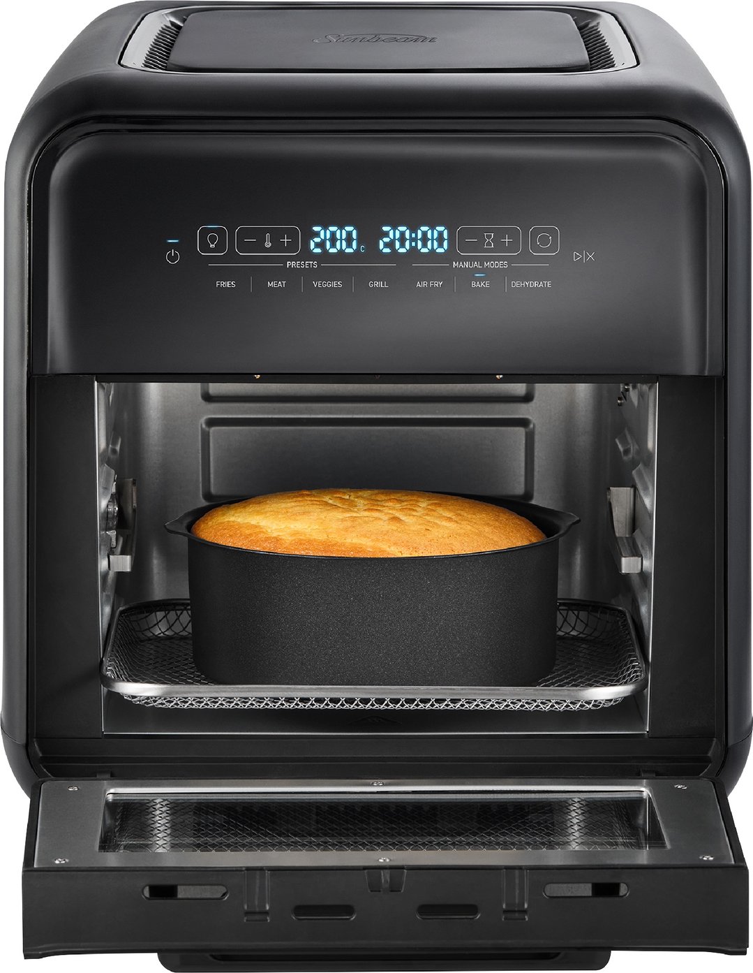 Black Sunbeam All-In-One Air Fryer Oven with a cake baking inside