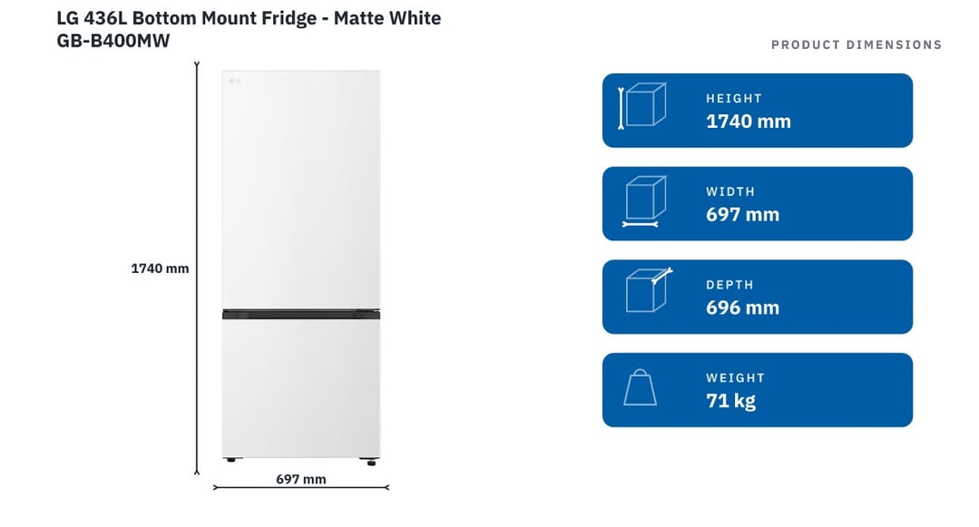 LG 436L Bottom Mount Fridge - Matte White GB-B400MW — product dimensions