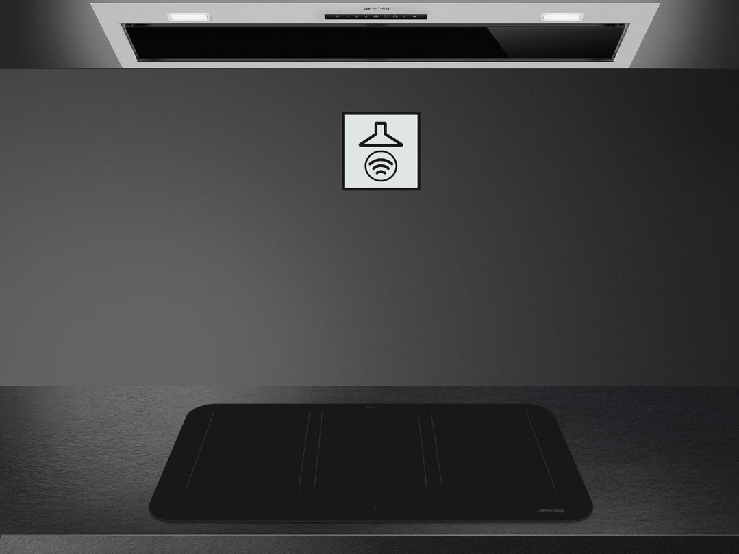 Induction cooktop and rangehood in a modern kitchen setting with a feature graphic