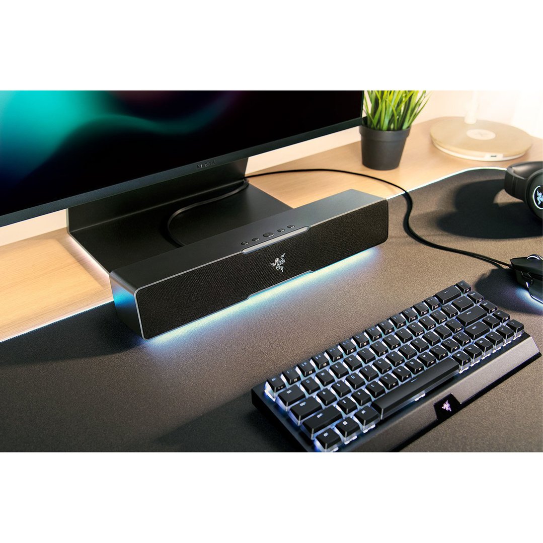 Razer Leviathan V2 X Gaming Soundbar on a desk with a monitor and keyboard