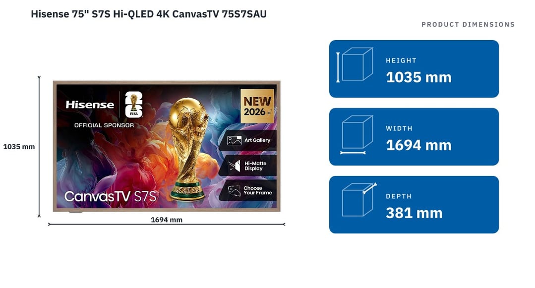 Hisense 75" S7S Hi-QLED 4K CanvasTV 75S7SAU — product dimensions