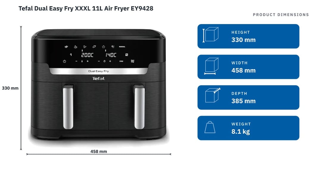 Tefal Dual Easy Fry XXXL 11L Air Fryer EY9428 — product dimensions