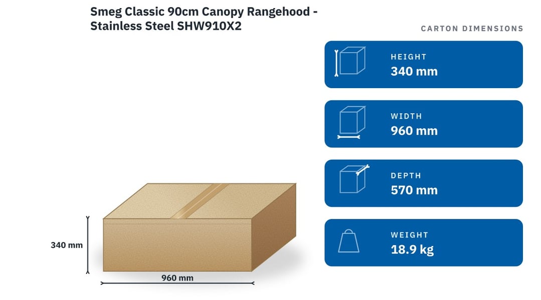 Smeg Classic 90cm Canopy Rangehood - Stainless Steel SHW910X2 — packaged dimensions