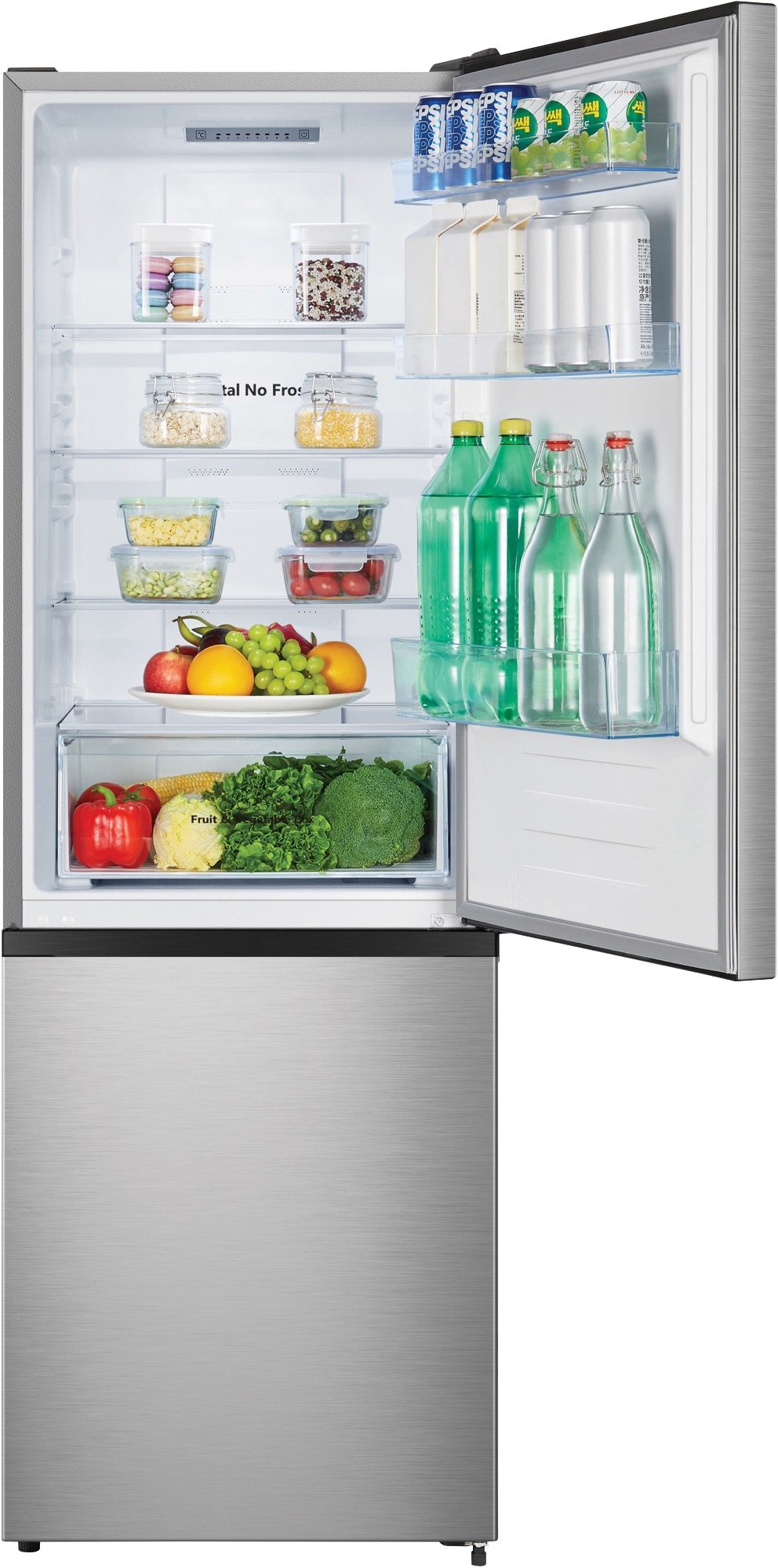 Open stainless steel bottom mount fridge filled with food and drinks