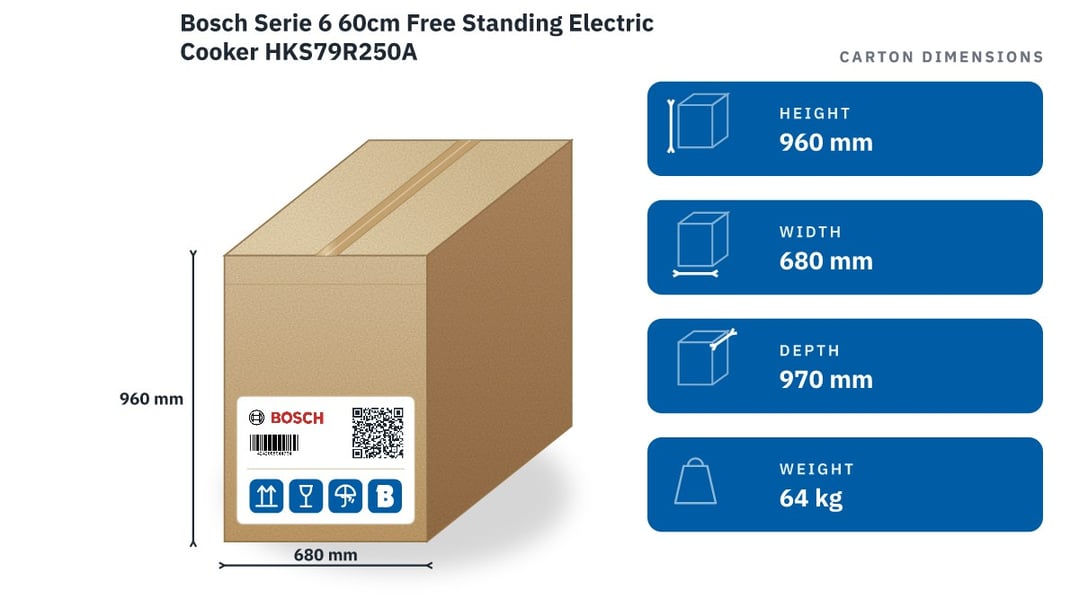 Bosch Serie 6 60cm Free Standing Electric Cooker HKS79R250A — packaged dimensions