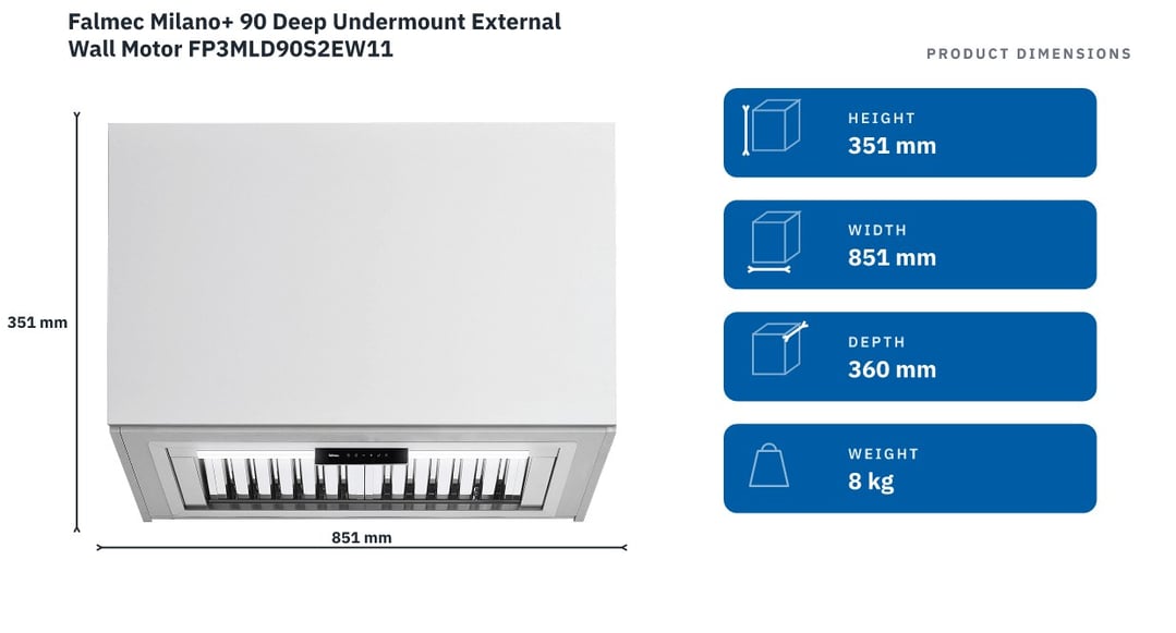 Falmec Milano+ 90 Deep Undermount External Wall Motor FP3MLD90S2EW11 — product dimensions