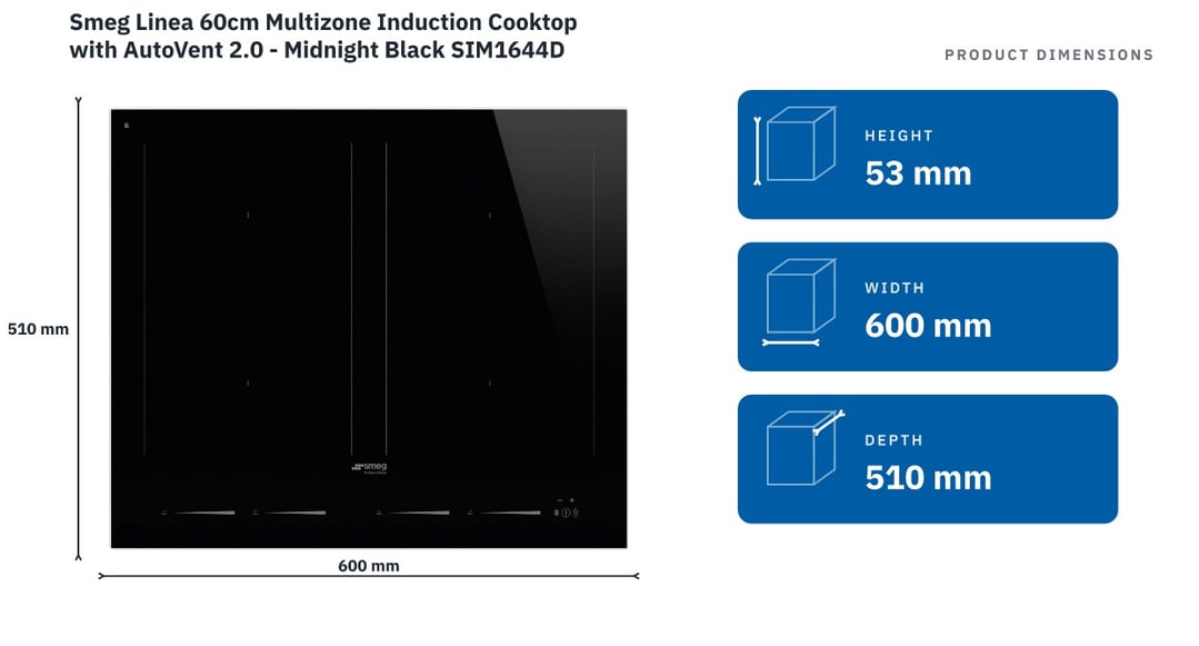 Smeg Linea 60cm Multizone Induction Cooktop with AutoVent 2.0 - Midnight Black SIM1644D — product dimensions