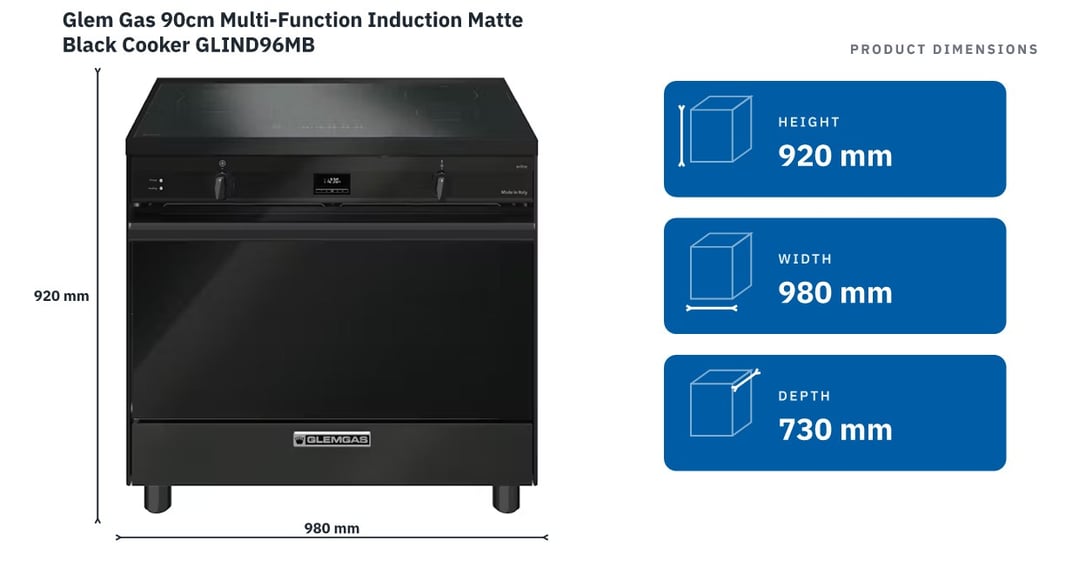 Glem Gas 90cm Multi-Function Induction Matte Black Cooker GLIND96MB — product dimensions