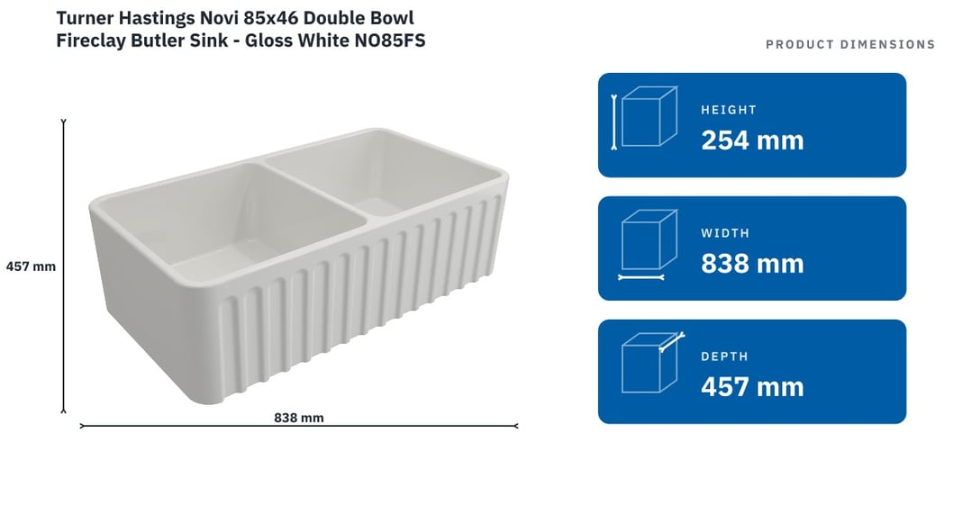 Turner Hastings Novi 85x46 Double Bowl Fireclay Butler Sink - Gloss White NO85FS — product dimensions