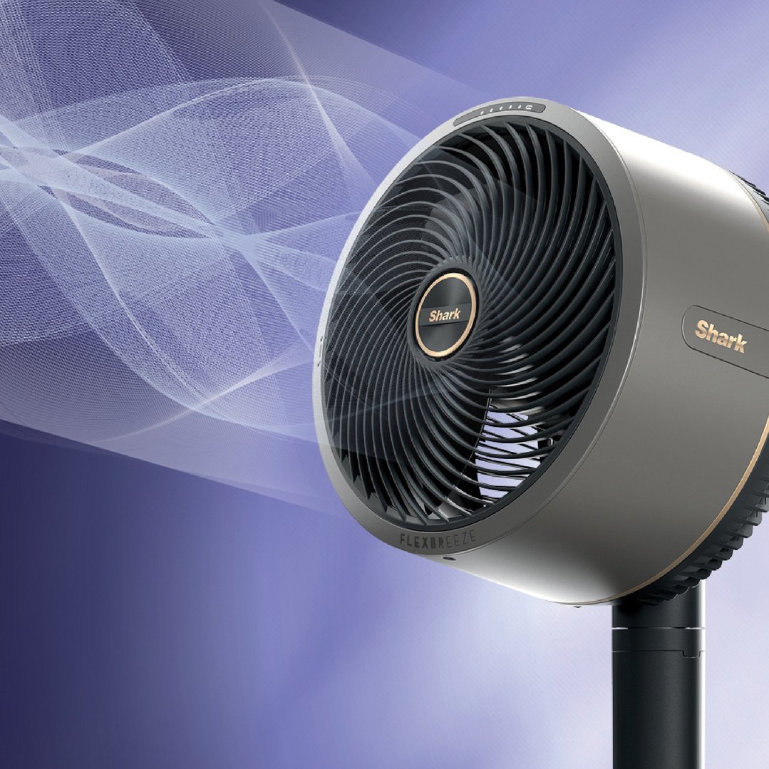 Shark FlexBreeze fan on a stand with air movement shown