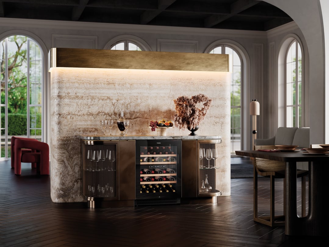 VINTEC 40-Bottle Dual Zone Wine Cabinet built into a luxurious home bar setting