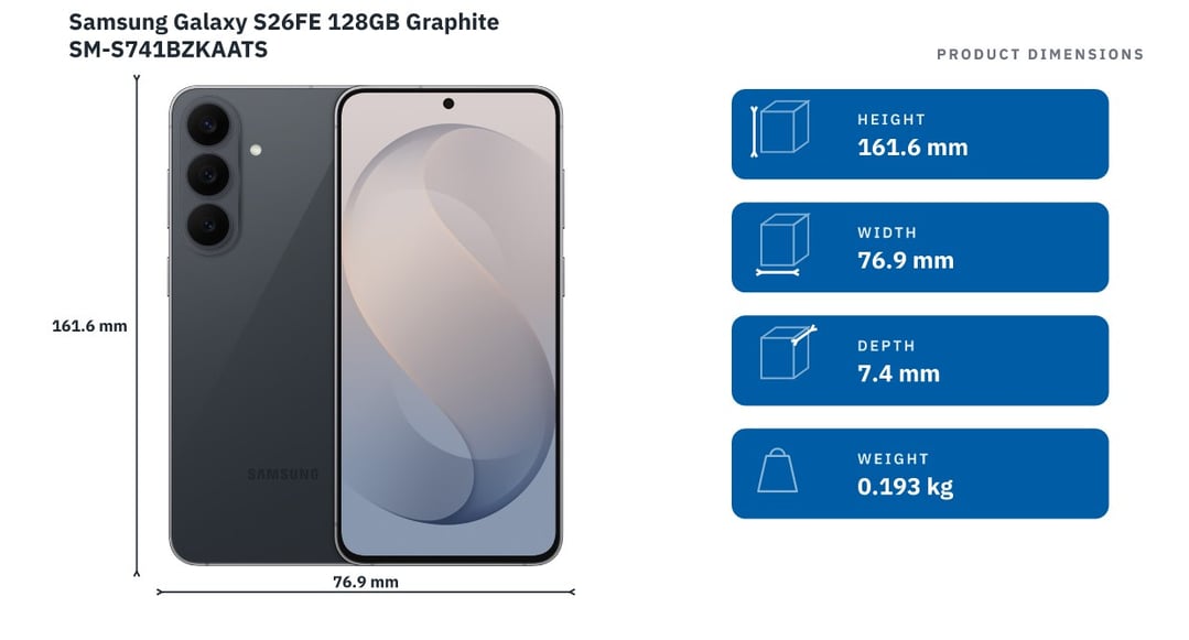Samsung Galaxy S26FE 128GB Graphite SM-S741BZKAATS — product dimensions