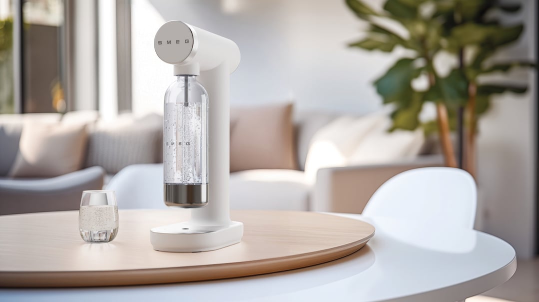 SMEG soda maker and glass of sparkling water on a wooden table