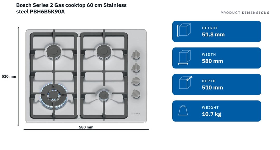 Bosch Series 2 Gas cooktop 60 cm Stainless steel PBH6B5K90A