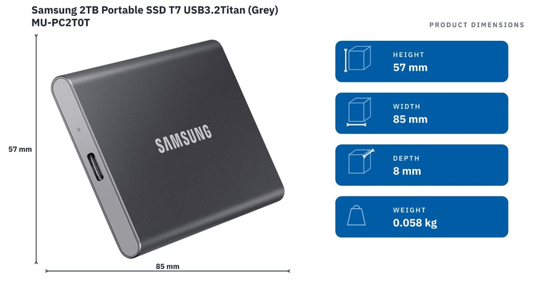 Samsung 2TB Portable SSD T7 USB3.2Titan (Grey) MU-PC2T0T — product dimensions