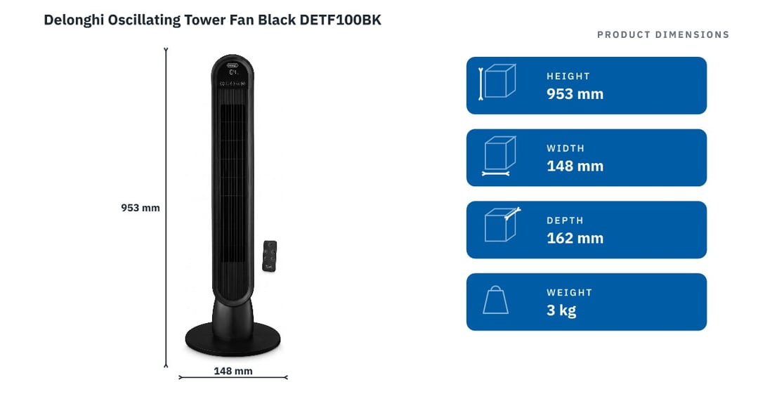 Delonghi Oscillating Tower Fan Black DETF100BK — product dimensions