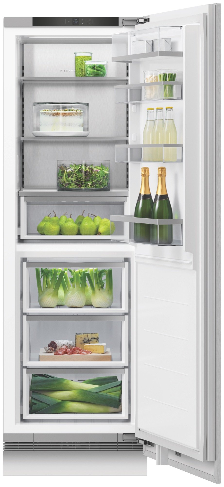 Open integrated dual zone refrigerator filled with food items in a kitchen setting